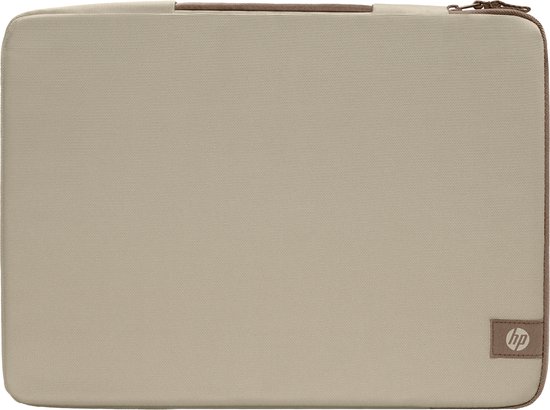 Beige laptophoes met HP logo en een bruin handvat en randafwerking.