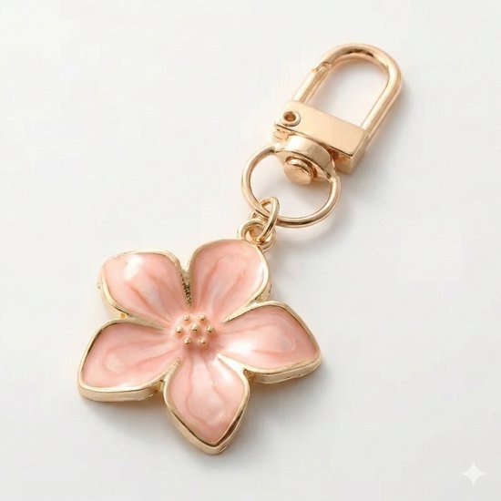 Porte-clés de couleur Goud avec pendentif fleur rose – unisexe – porte-clés en métal avec fleur à cinq pétales en rose pastel – accessoire pour sac ou porte-clés