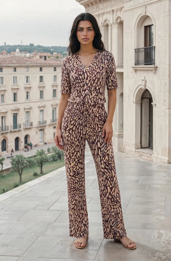 MI PIACE - Pantalon Travel Imprimé Abstrait 2089 Bourgogne Latte