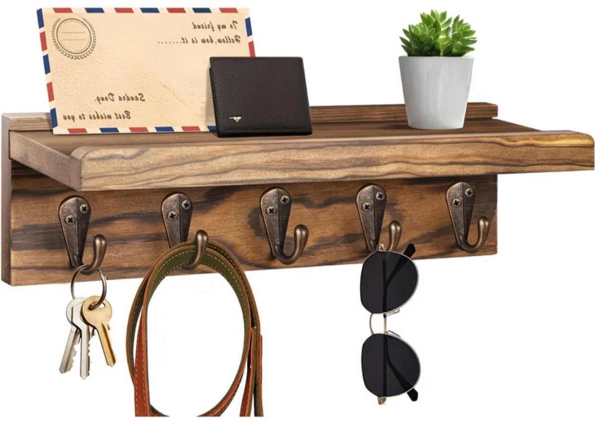Nooit meer sleutels kwijt – houten zwevend sleutelrek met 5 haken