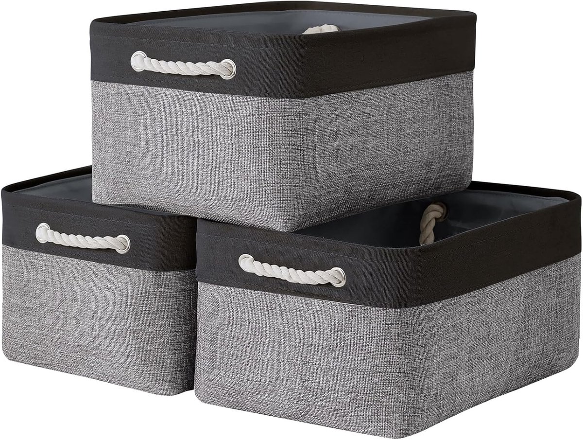 Famanu – 40,6 x 30,5 x 20,3 cm grote 3-pack opbergmand voor organiseren met touw - stoffen opbergkubussen voor organizer speelgoeddoek geschenkkast (zwart)
