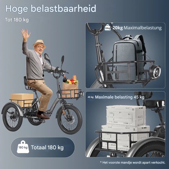 Dik Klapfiets E-Bakfiets 20 Inch 48V 23.45Ah Accu, Hydraulische Schijfremmen Elektrische Fiets, Elektrische Vrachtsfiets 180kg, Grijs Driewieler E-Bike van Merkloos — afbeelding 5