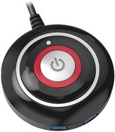 Close-up van zwarte externe powerbutton met rode ring, aan/uit-symbool en USB-poorten.