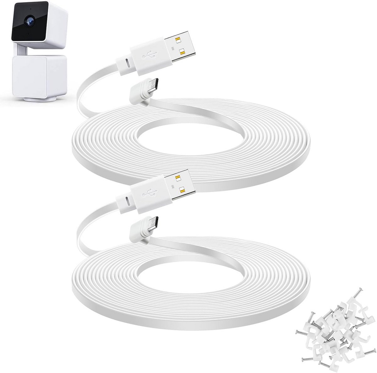 Platte USB Verlengkabels met Hoekkabel voor Binnen- en Buitenbeveiligingscamera's - Wit (2 Stuks)