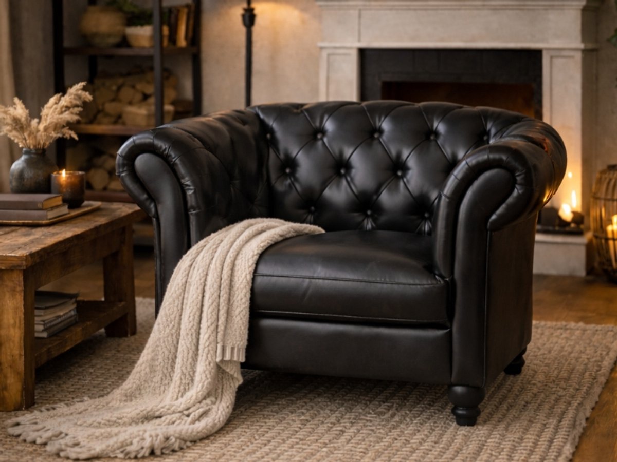 Chesterfield Bank 1-Zits - Zwart - Curve Armleuning - Leer - Arm Chair - Chesterfield Meubel - Stoel Chesterfield