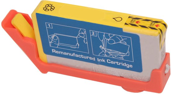 Gereviseerde inktcartridge in oranje houder, met gele sticker en installatie-instructies.