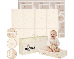 Roosly Speelmat Baby - Speelkleed Baby - Inclusief Opbergtas - babygym - Dubbelzijdig en opvouwbare Foam XPE 180 x 200 cm - speelgoed - Veilig & Zacht - model KING Beige