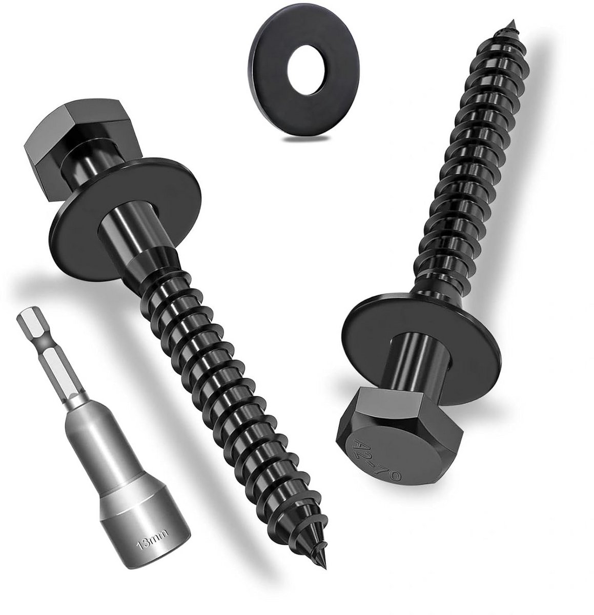 12x M8 x 60 mm Zeskant Houtschroeven met Sluitringen, Zwart RVS A2V2-DIN571