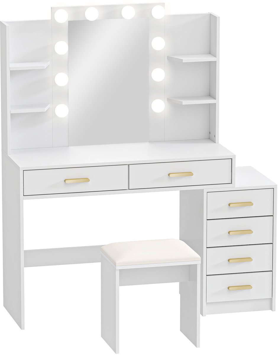Kaptafel met spiegel en verlichting - Make up tafel - Make up - Toilettafel - Met lades - Wit