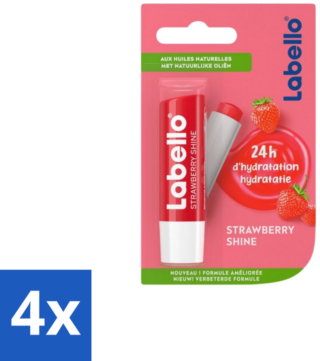 4 x Labello – Lippenbalsem – Strawberry Shine - Lippenbalsem - Aardbeien - Glans - Hydratatie - Verzorging