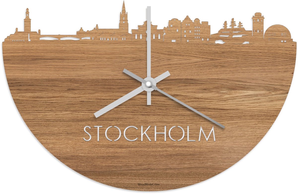 Skyline Klok Stockholm Eikenhout - Ø 40 cm - Stil uurwerk - Wanddecoratie - Meer steden beschikbaar - Woonkamer idee - Woondecoratie - City Art - Steden kunst - Cadeau voor hem - Cadeau voor haar - Jubileum - Trouwerij - Housewarming - WoodWideCities