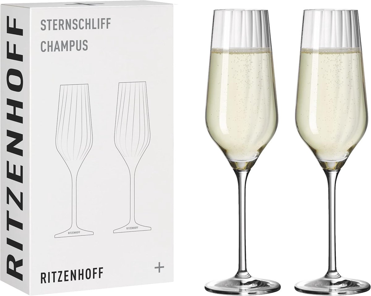 Luxe Champagneglazen Set van 2, Kristalglas 250 ml met Ster-slijping