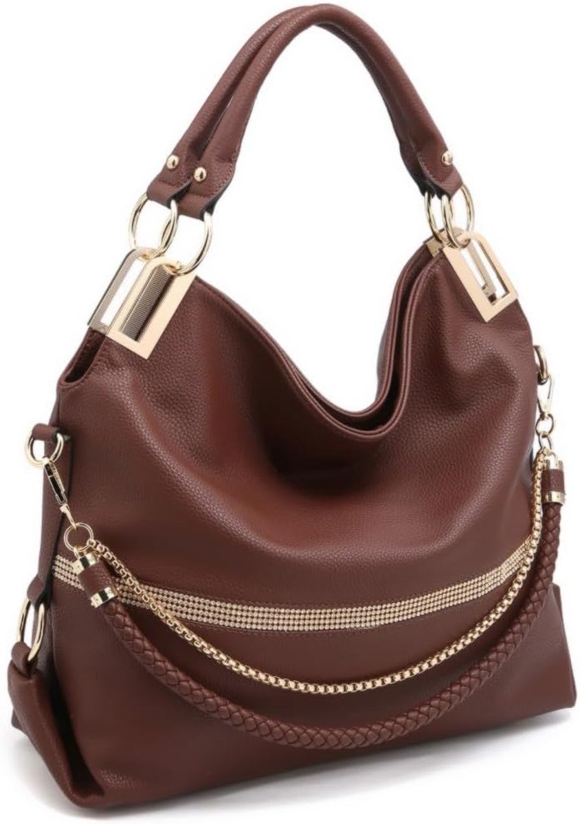 Grote hobo-tas voor dames, met strass accenten, veganistisch leer, handtas, schoudertas