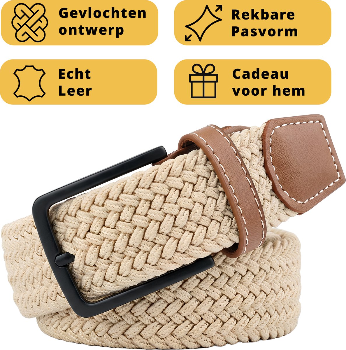 Garzini Elastische Riem Heren - Gevlochten Broekriem Heren zonder gaatjes - Broekriem zonder gaatjes - W31-W33 (91-99 cm) - Beige