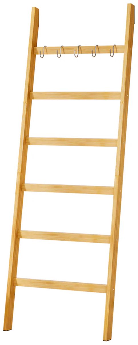 Eleganca Handdoekladder - 170 x 60 cm - Handdoekrek Badkamer - Decoratieve Ladder met 5 Ophanghaakjes - Extra Breed - Bamboe