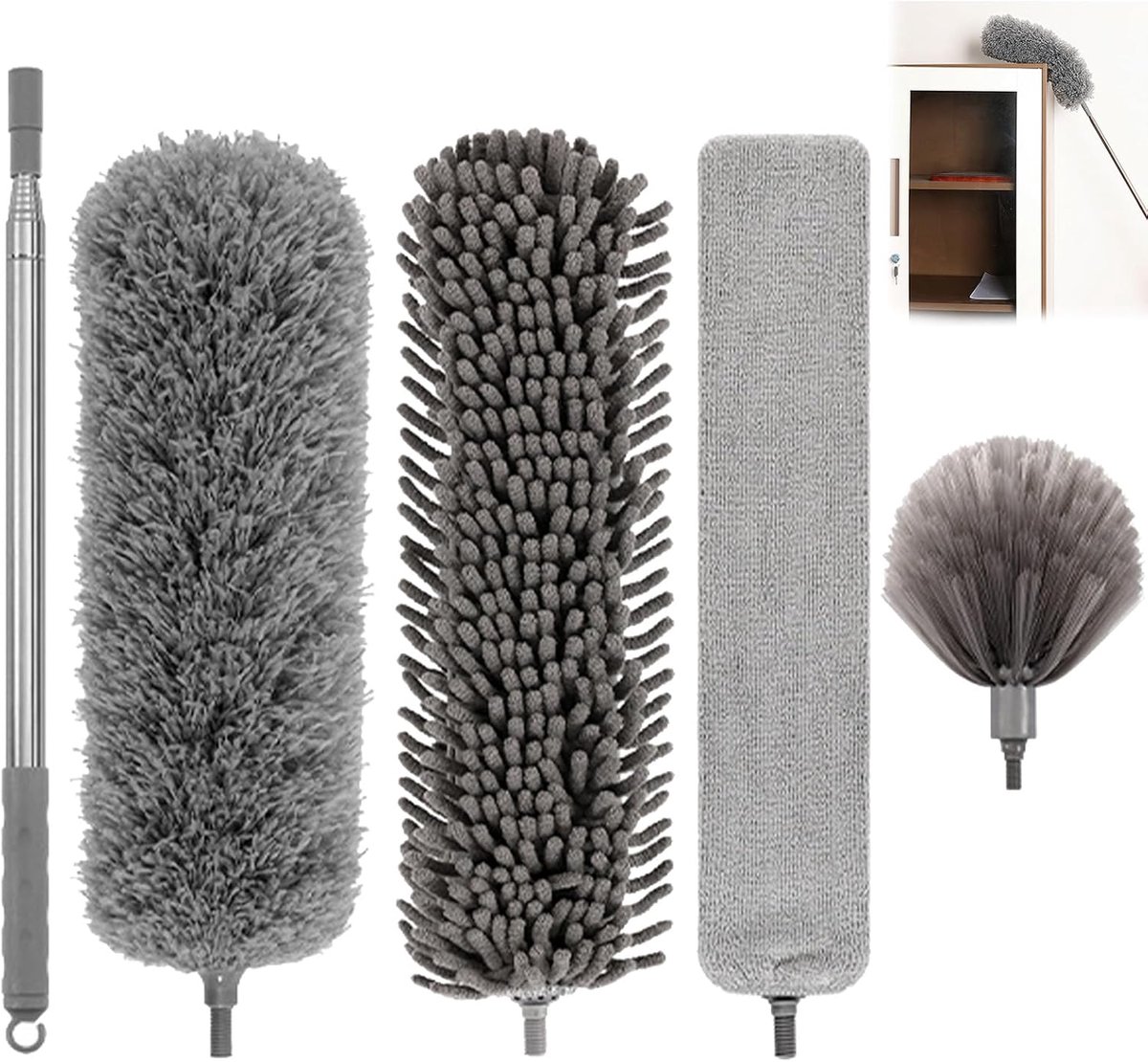 Stofdoek Set - Wasbaar Herbruikbaar - Diep Reinigen - Uittrekbare Handgreep - 42-210 cm - Grijs