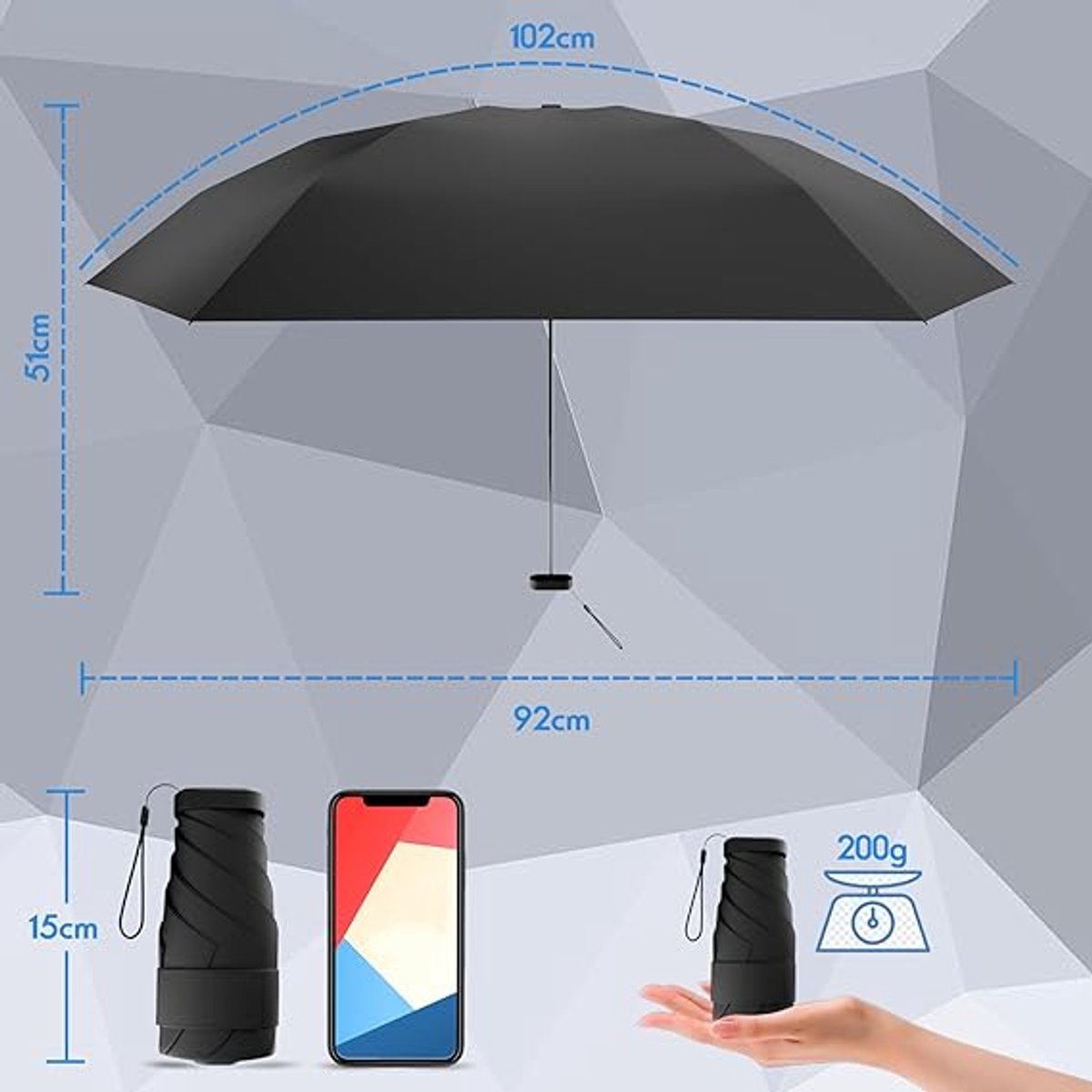 Mini opvouwbare, windbestendige reisparaplu met hoes, UPF 50+ zon- en regenbescherming, sterrenzwart. — cadeau in Sport & Outdoor - foto 2