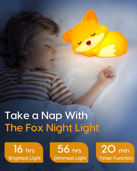LED Fox Nachtlamp - Oplaadbaar Nachtlampje Kinderen & Baby - Schattig Fox - 2 Standen Dimbaar - Siliconen - Lampje Slaapkamer - Knijplampje - Touch lamp - Dimbaar Nachtlampjes Voor Kinderen, Baby & Volwassenen