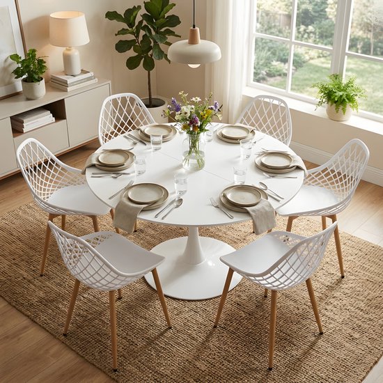 EGGREE eettafel en stoelen - 6 witte eetkamerstoelen - tafel Ø 100 cm ...