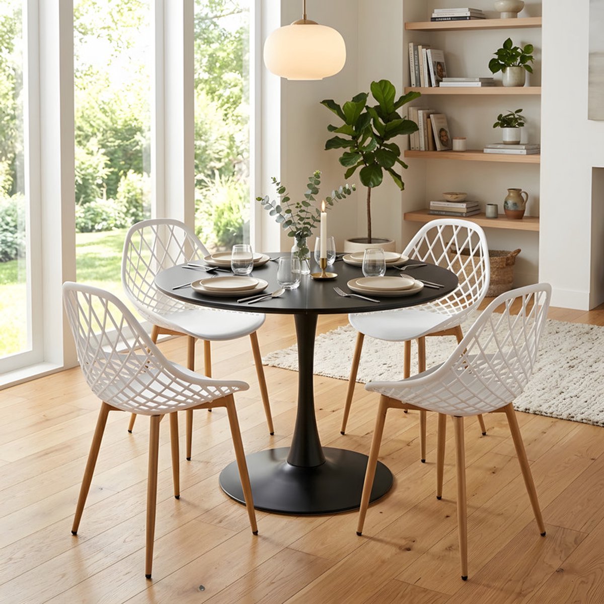 EGGREE eethoek - eettafel met 4 witte stoelen - tafel Ø 100 cm - voor bar - café en eetkamer - zwarte tafel Zwart-M4WH