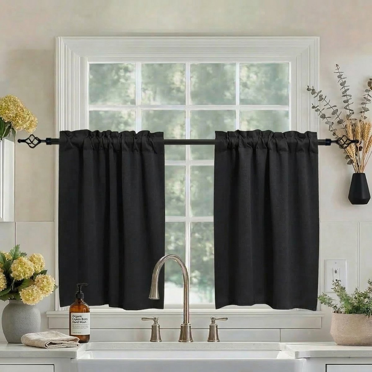 MUPOO Wafelstructuur Verduisterende Valletjes Gordijnen Kant en Klaar Set van 2 - Blackout & Privacy- Roede Pocket - blackout gordijnen Voor Keuken, Kleine Ramen, Badkamer & Slaapkamer- Zwart - 85x91 cm