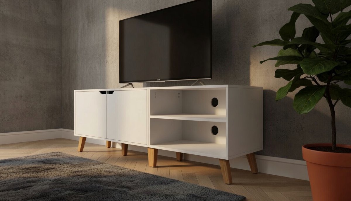TV Meubel Casa Velluto SnowLux 160 cm – Modern Wit TV Kast met Deuren en Verstelbare Planken – TV Tafel voor Televisies tot 65 Inch – Media Meubel met Opbergruimte voor Woonkamer, Slaapkamer en Entertainmenthoek