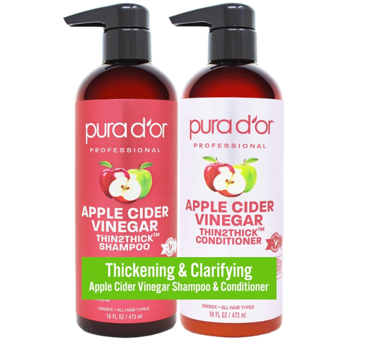 PURA D'OR Apple Cider Vinegar Thin2Thick Shampoo & Conditioner Set – 16oz x 2 – Verhelderende ACV Haarverzorging met Biotine, Keratine, Cafeïne & Castorolie – Voor Dunner Wordend Haar – Geschikt voor Alle Haartypes – Voor Mannen & Vrouwen