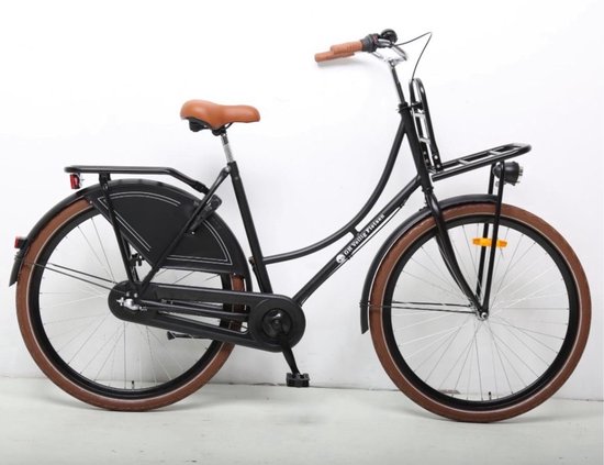 Zwarte transportfiets met bruine zitting en banden, voorrek.