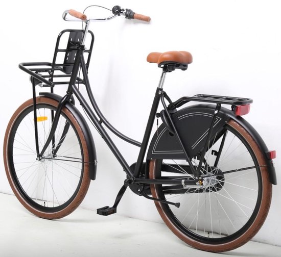 Zwarte dames transportfiets met bruine zitting en bruine banden.