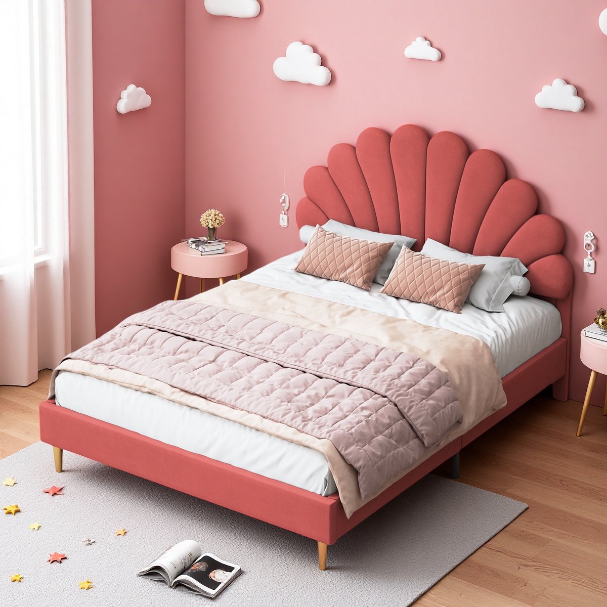 ROSAHQNDA Gestoffeerd bed met bloemvormig hoofdeinde en lattenbodem, tweepersoonsbed van 140x200 cm in fluwelen stof, rood, exclusief matras Rood-Petal Bed