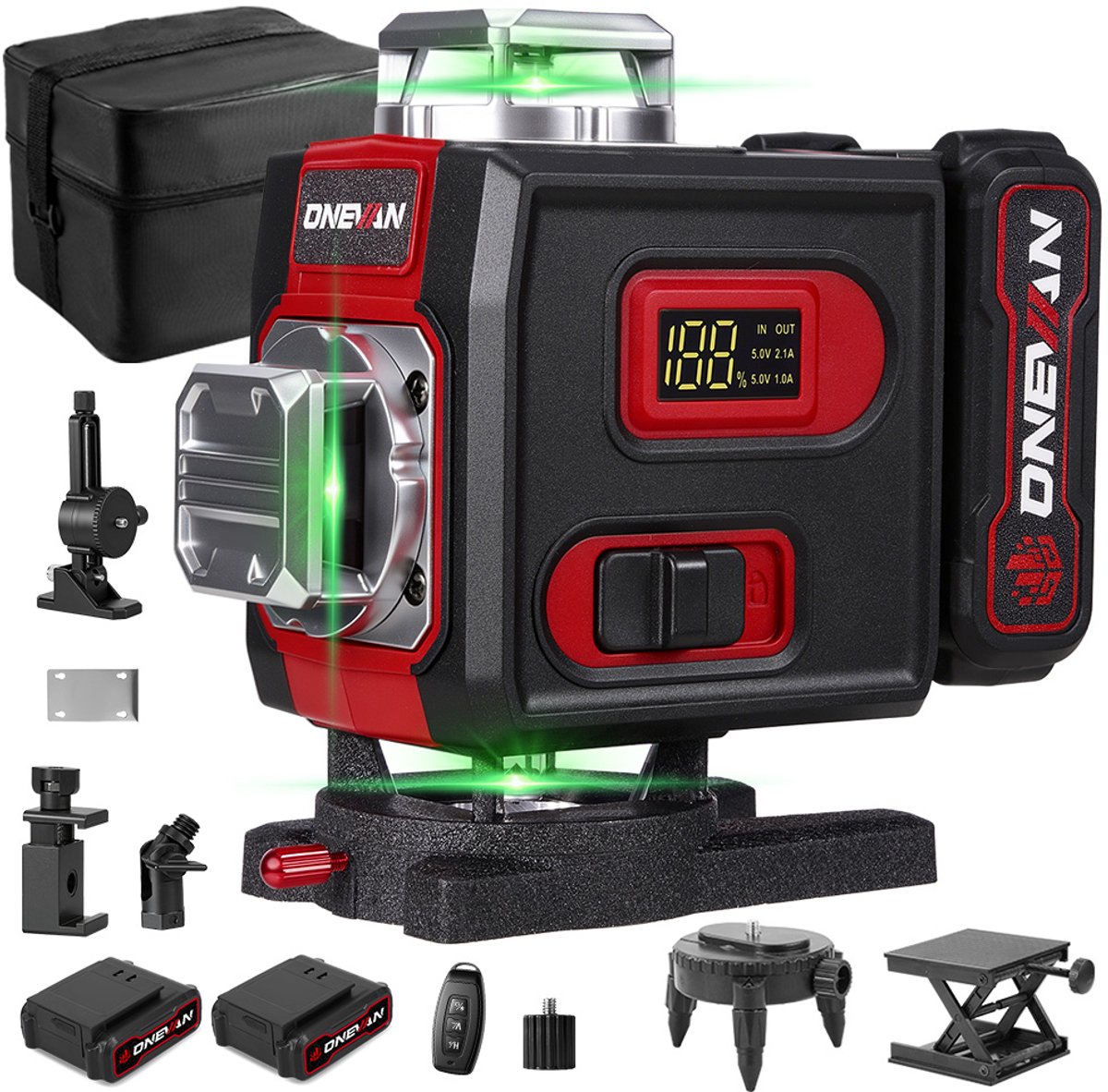 ONEVAN Kruislijnlaser - Zelfnivellerend Bouwlaser - Laser Waterpas - 4D - 16 Lijnen - met 2x 4.8Ah accu's - 360 Graden Rotatie