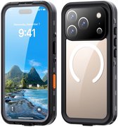 Zwart telefoonhoesje met een transparante achterkant en een magneetring, met een scherm dat berglandschap toont.