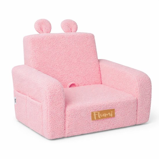 Flumi - 2 in 1 Uitschuifbare Kinderfauteuil - Schuimconstructie - Afneembare Wasbare Hoes - Teddy Stof - Met Zijvakken - Roze van Merkloos — afbeelding 2
