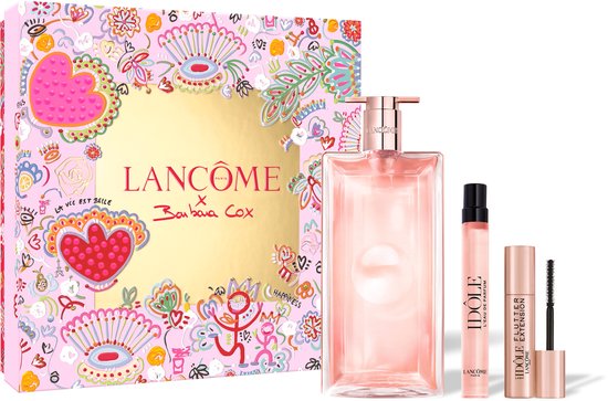Een Lancôme Idôle geschenkset met een decoratieve doos in beperkte oplage, parfum, reisparfum en mascara.