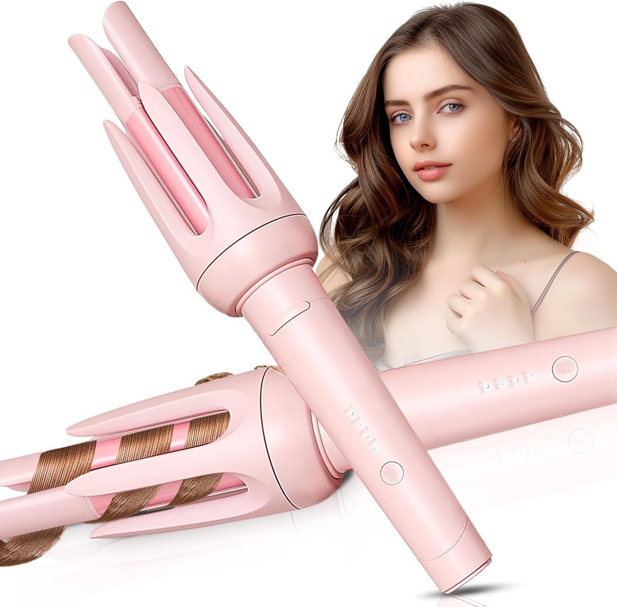 Automatische haarkruller, automatische krultang met 4 temperatuurstanden en 3 timers, automatische uitschakeling, anti-verbranding, anti-klit roterende krulstaaf voor haarstyling, roze