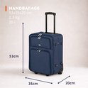 Donkerblauwe handbagage koffer 53x35x20cm met wieltjes en uitschuifbaar handvat.