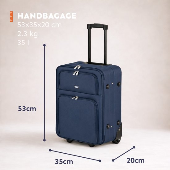 Donkerblauwe handbagage koffer 53x35x20cm met wieltjes en uitschuifbaar handvat.