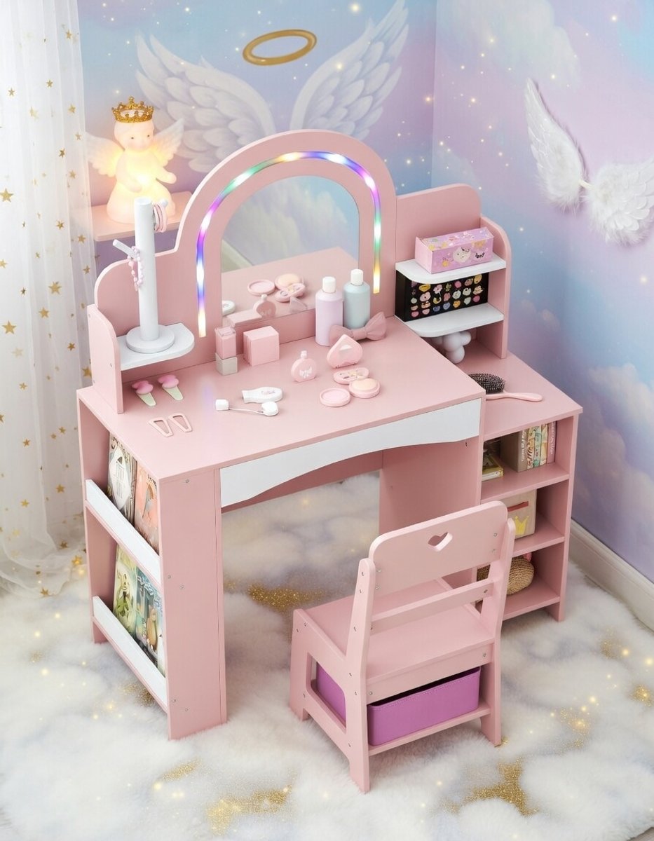 Kinderkaptafel met LED Spiegel en Kruk 86x39x104 cm – Meisjes Make-uptafel met Kleurrijke Verlichting, Planken, Sieradenhouder, Boekenkast en Opbergbox – Speelkaptafel voor Kinderen vanaf 3 Jaar – Roze – Depauw
