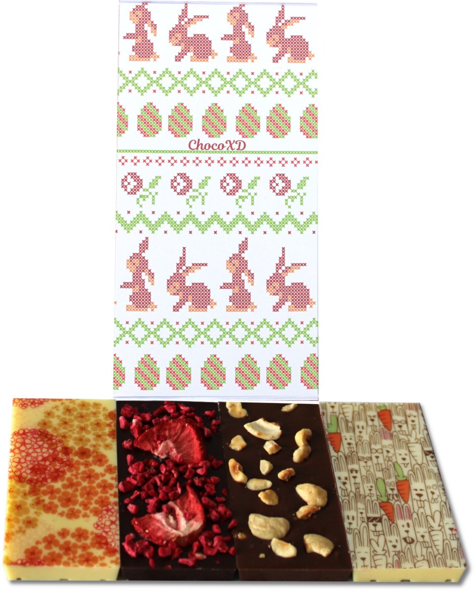 Pasen Chocoladecadeau - Easter gift - Fairtrade chocolade - Chocolade met noten en fruit - Brievenbuspakket - Handgemaakte chocolade - Melk, Wit en Puur