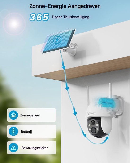 ieGeek Beveiligingscamera Draadloos Buiten - 2K Solar Wifi Camera - voor Huisbeveiligingssysteem - Batterijgevoede Bewakingscamera met Zonnepaneel - 360° PTZ - Kleuren Nachtzicht - Bewegingssensor - Werkt met Alexa - 3 Stuks van Merkloos — afbeelding 5