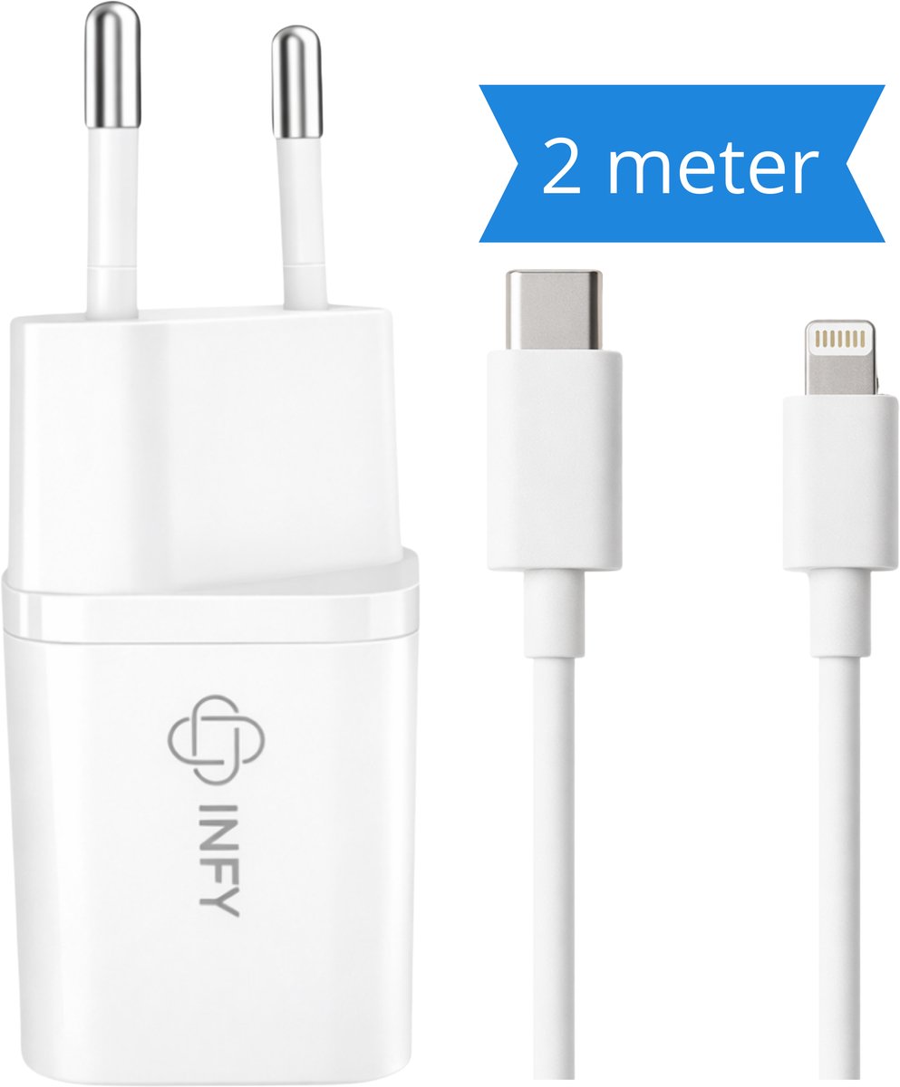 USB-C Snellader 20W met USB-C naar Lightning Kabel 2 Meter – Geschikt voor iPhone t/m 14 – Compacte Power Delivery Oplader – Wit