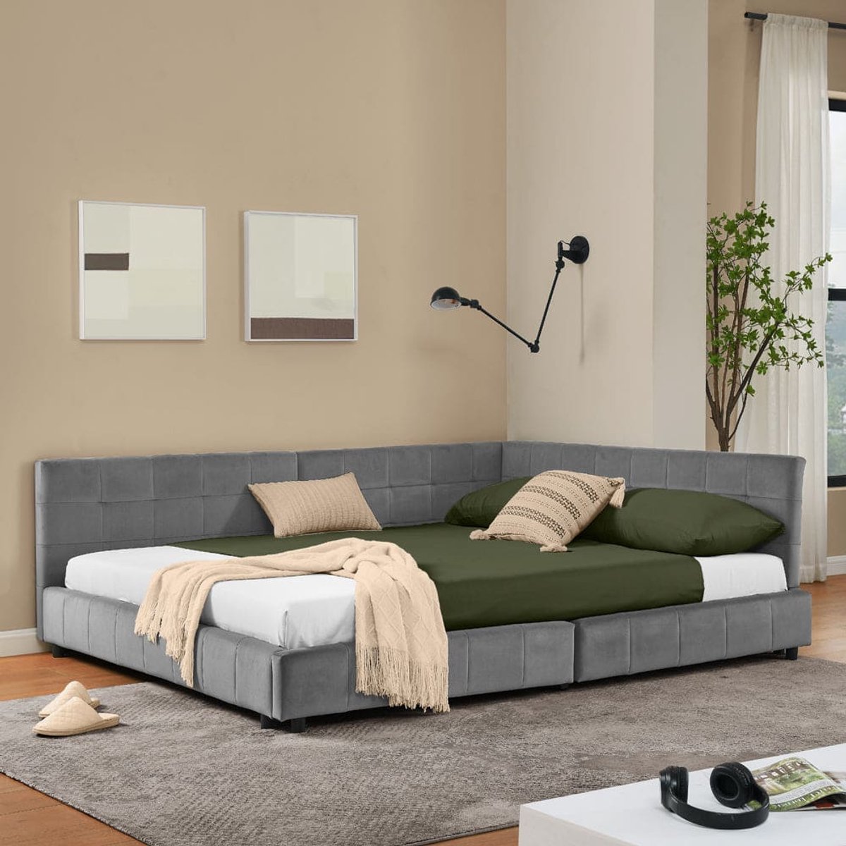 Hoekbankbed – Slaapbank – Bedbank – Loungesofa – Bedbank Hoek – Donkergrijs Velvet – 160x2