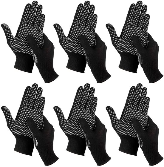 Zes paar zwarte werkhandschoenen met witte nopjes op de handpalm en vingers.
