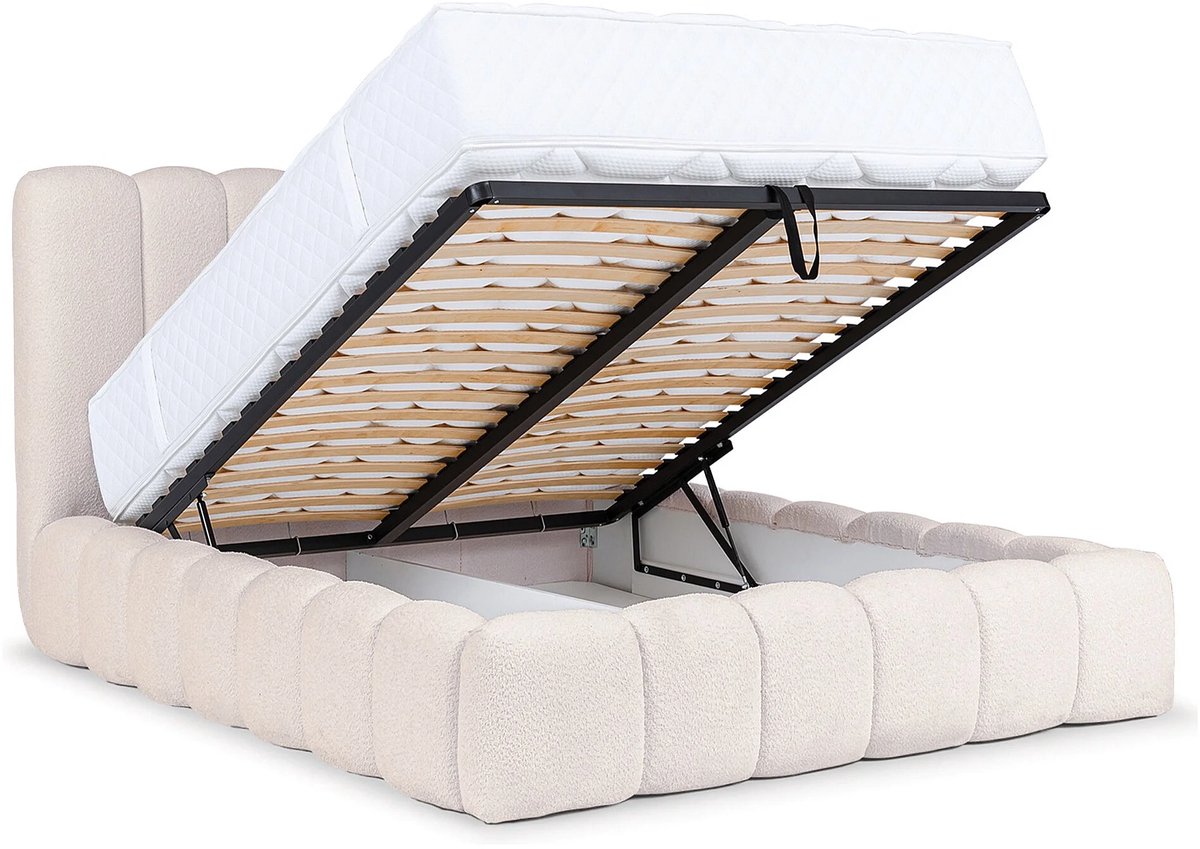 Gestoffeerd Tweepersoonsbed 180x200 cm met Opbergruimte en Liftmechanisme – Luxe Beige Velvet Bedframe met Hoog Verticaal Hoofdbord, Metalen Lattenbodem – 230 x 208 x 127 cm – Abkantoor