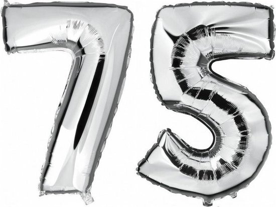 75 jaar zilveren folie ballonnen 88 cm leeftijd/cijfer - Leeftijdsartikelen 75e verjaardag versiering - Heliumballonnen