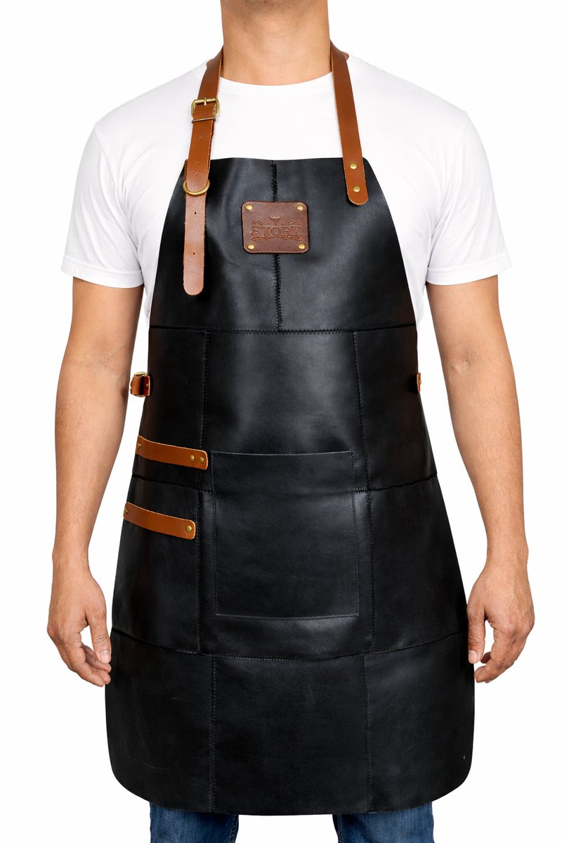 Leren Schort Mannen - Zwart – Stoer Lederen Schort Man BBQ Accessoire echt Leer Heren met Handdoeklus en Opbergvak – Kookschort voor Barbecue of Keuken – Ideaal Barbecueschort Cadeau voor Vaderdag, Kerst of Verjaardag