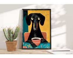 Teckel met Koffie Poster Ingelijst– Grappige Honden Wanddecoratie – A4 (21 × 30 cm) – Inclusief Zwarte Lijst Poster