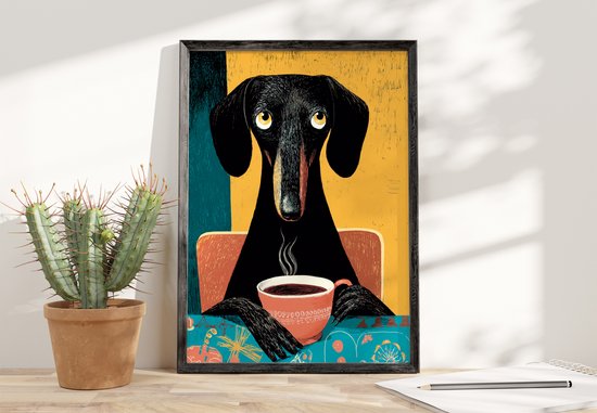 Teckel met Koffie Poster Ingelijst– Grappige Honden Wanddecoratie – A4 (21 × 30 cm) – Inclusief Zwarte Lijst Poster