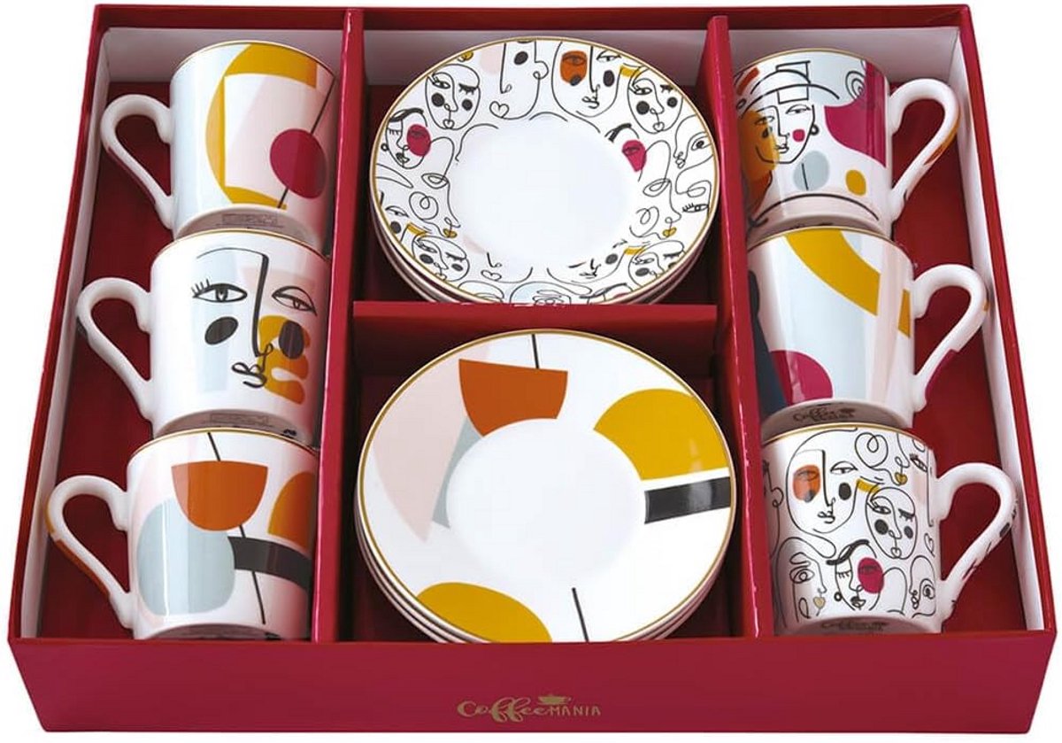 Set van 6 Koffiekopjes met Porseleinen Schotels - 100 ml