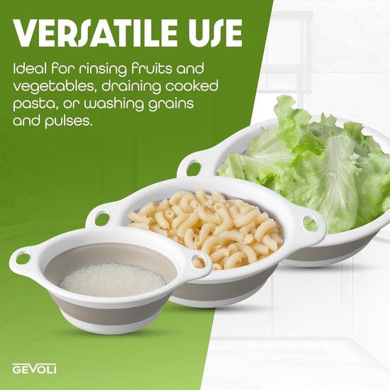 Ineenstortbare vergietmandjes met afvoerbak - Set van 2 - voor pasta, fruit en groenten - 4 en 5 liter - Wit Beige — afbeelding 2